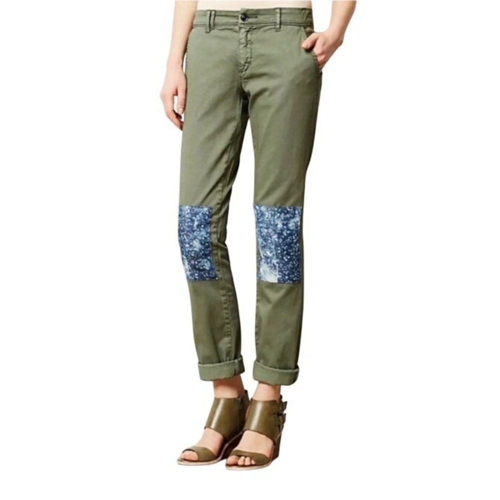 Pilcro Hyphen Pants Women 27 Olive Green Floral Patchwork Knee Detail Boho Chino